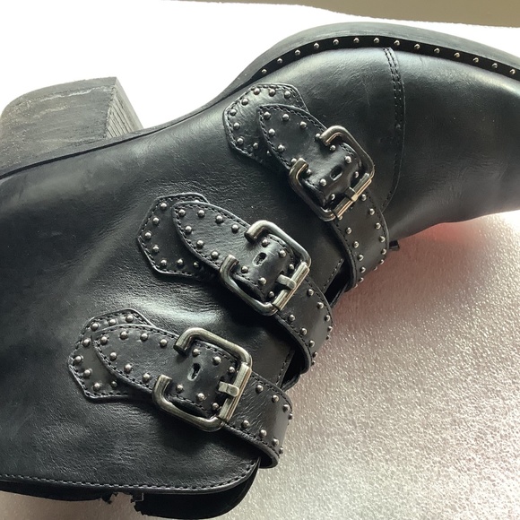 Paul Green Boots Soho Moto Silver Studded Black Leather Buckle Size 7 - Picture 4 of 7